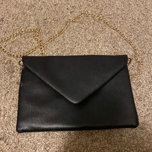 Black Crossbody Bag with Gold Leather Chain